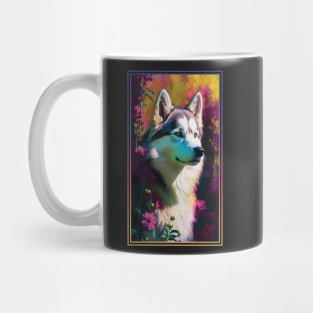 Husky Dog Vibrant Tropical Flower Tall Digital Oil Painting Portrait Mug